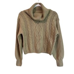 Yarn & Sea‎ Women's Tan Cable Knit Cowl Neck Crop Sweater Size S Acrylic Blend